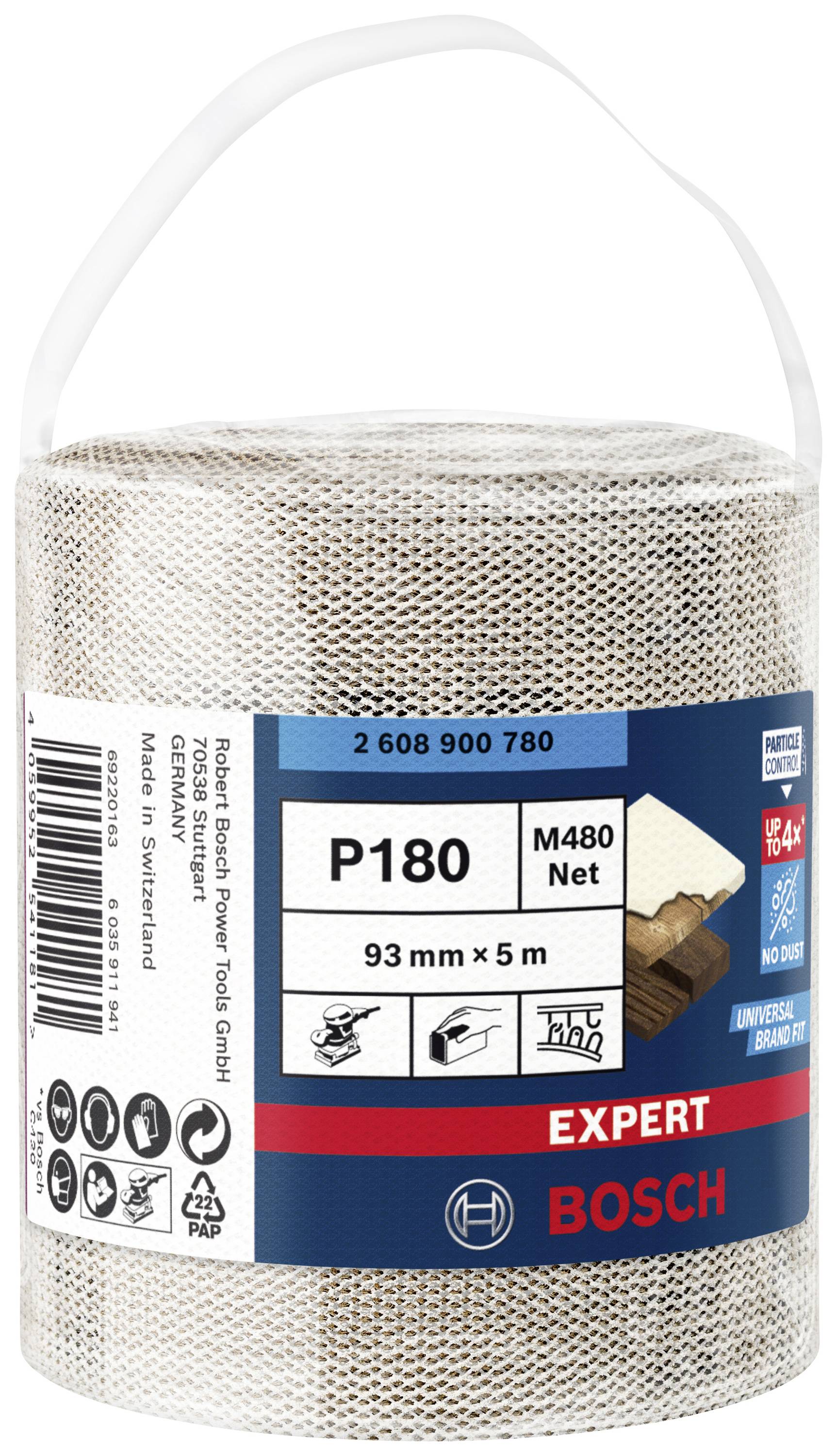 Rolka siatki ściernej z czerwoną etykietą Bosch, numer artykułu 'P180', wymiary '93 mm x 5 m', przeznaczona do szlifowania drewna i farby.