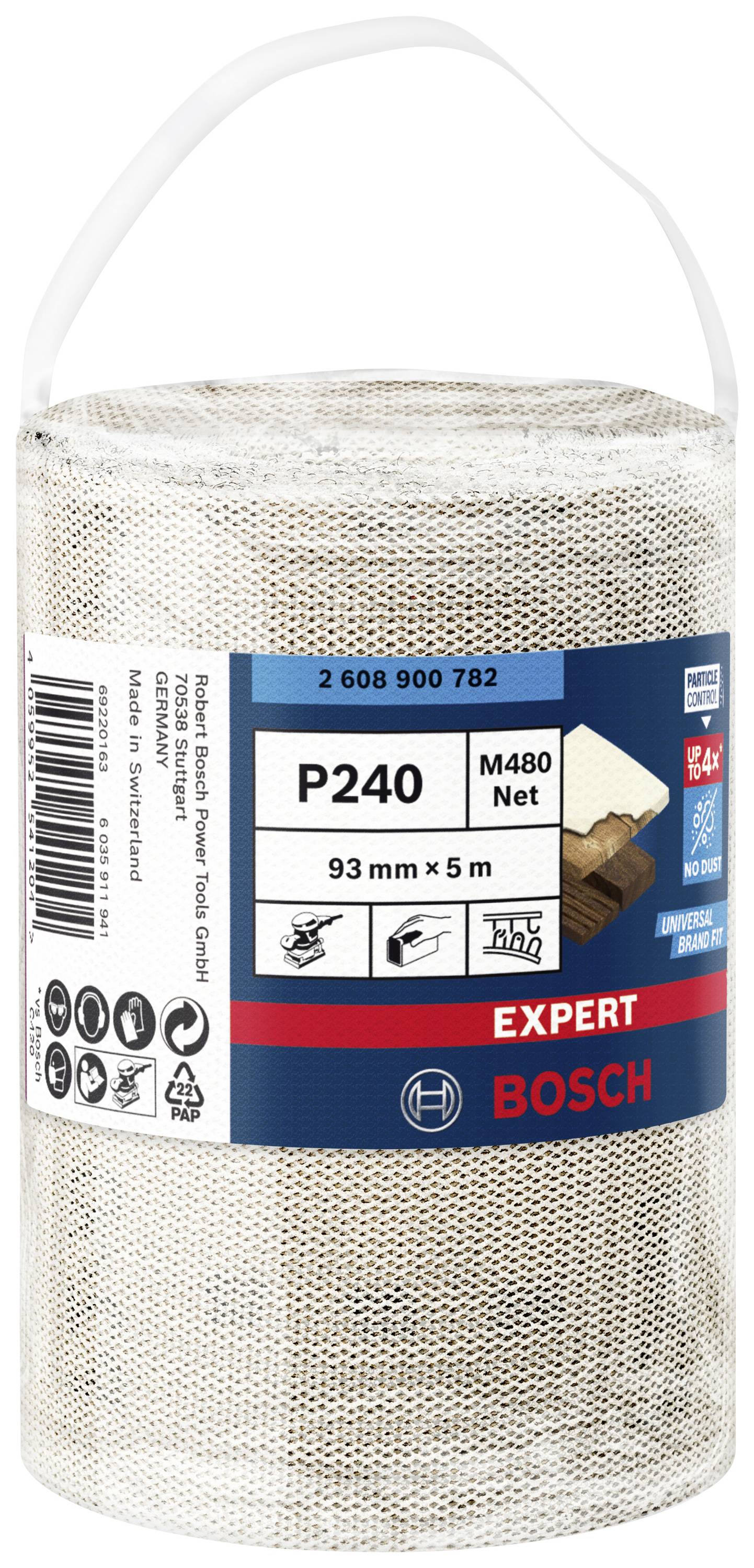 Rolka siatki ściernej marki Bosch, typ 'P240', 93 mm x 5 m, nadająca się do szlifowania różnych materiałów.