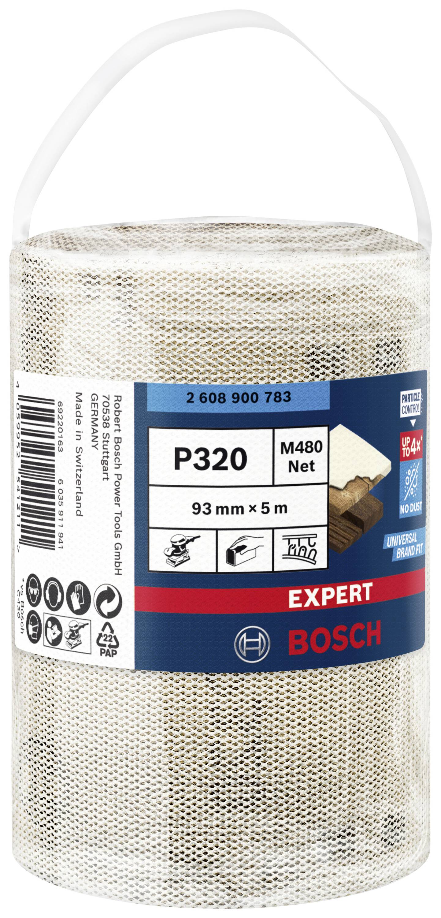 Rolka siatki ściernej Bosch P320, 93 mm x 5 m, do drewna i metalu. Zawiera informacje producenta i opis produktu.