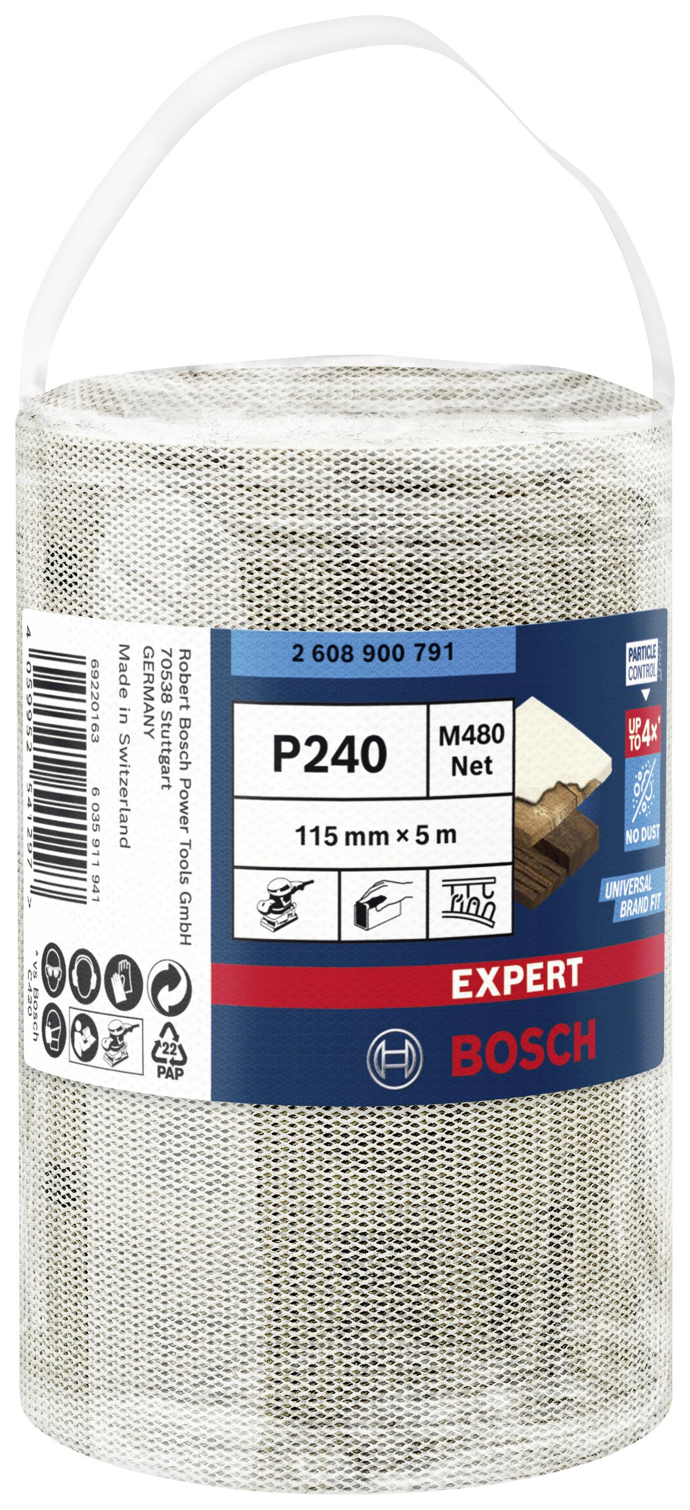 Rolka siatki ściernej P240 firmy Bosch, o szerokości 115 mm i długości 5 m. Opakowanie prezentuje szczegóły dotyczące materiału i zastosowań.