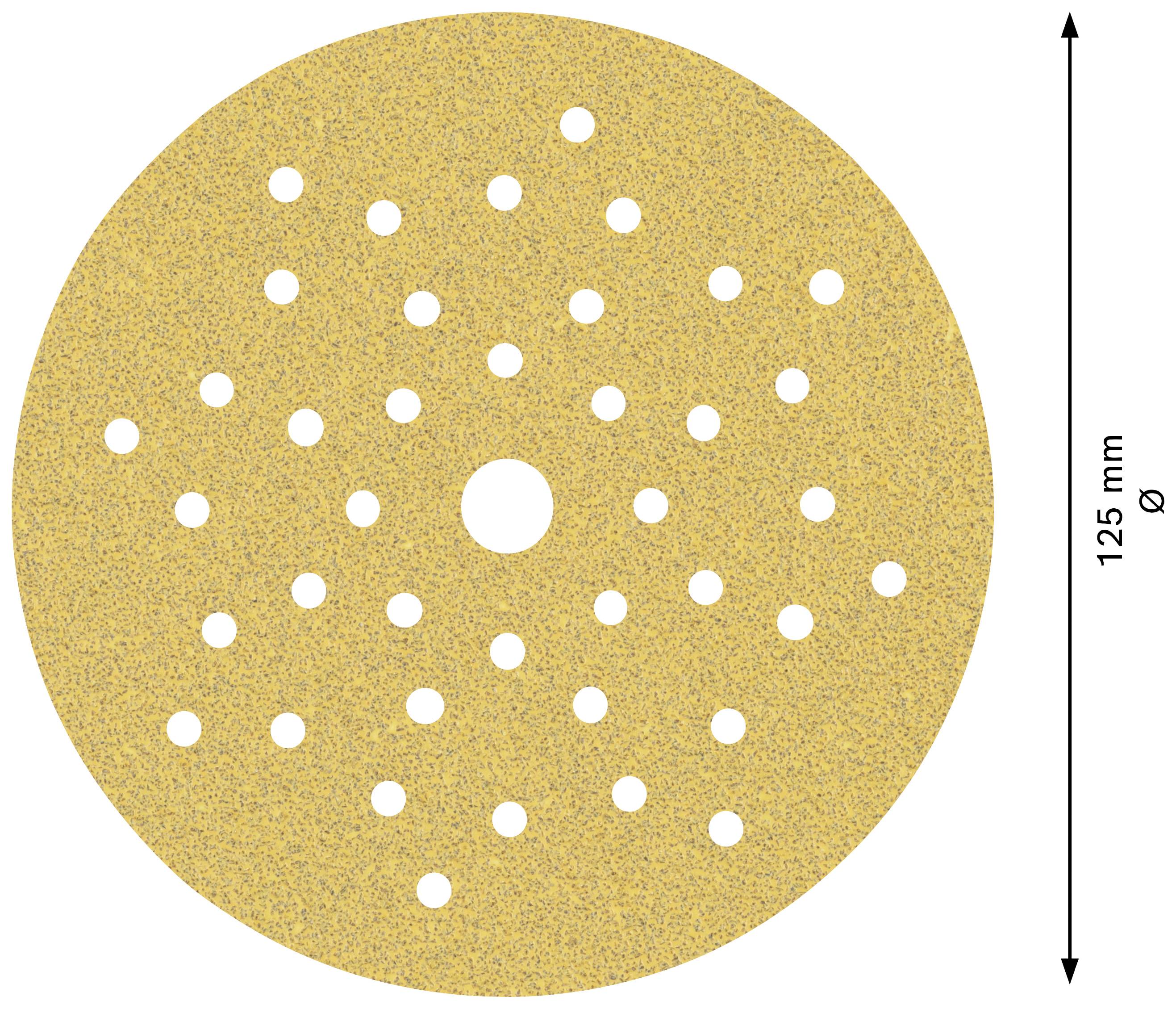 Okrągły, żółty papier ścierny z wieloma otworami, o średnicy 125 mm.