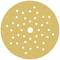Okrągła tarcza szlifierska z licznymi otworami do odpylania, stosowana w szlifierkach, w kolorze złotożółtym.