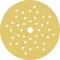 Okrągła tarcza szlifierska z żółtego papieru ściernego z wieloma otworami do odpylania. Odpowiednia do użytku w szlifierkach.