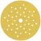 Okrągła żółta tarcza szlifierska z wieloma małymi otworami i jednym dużym otworem centralnym, stosowana w szlifierkach.