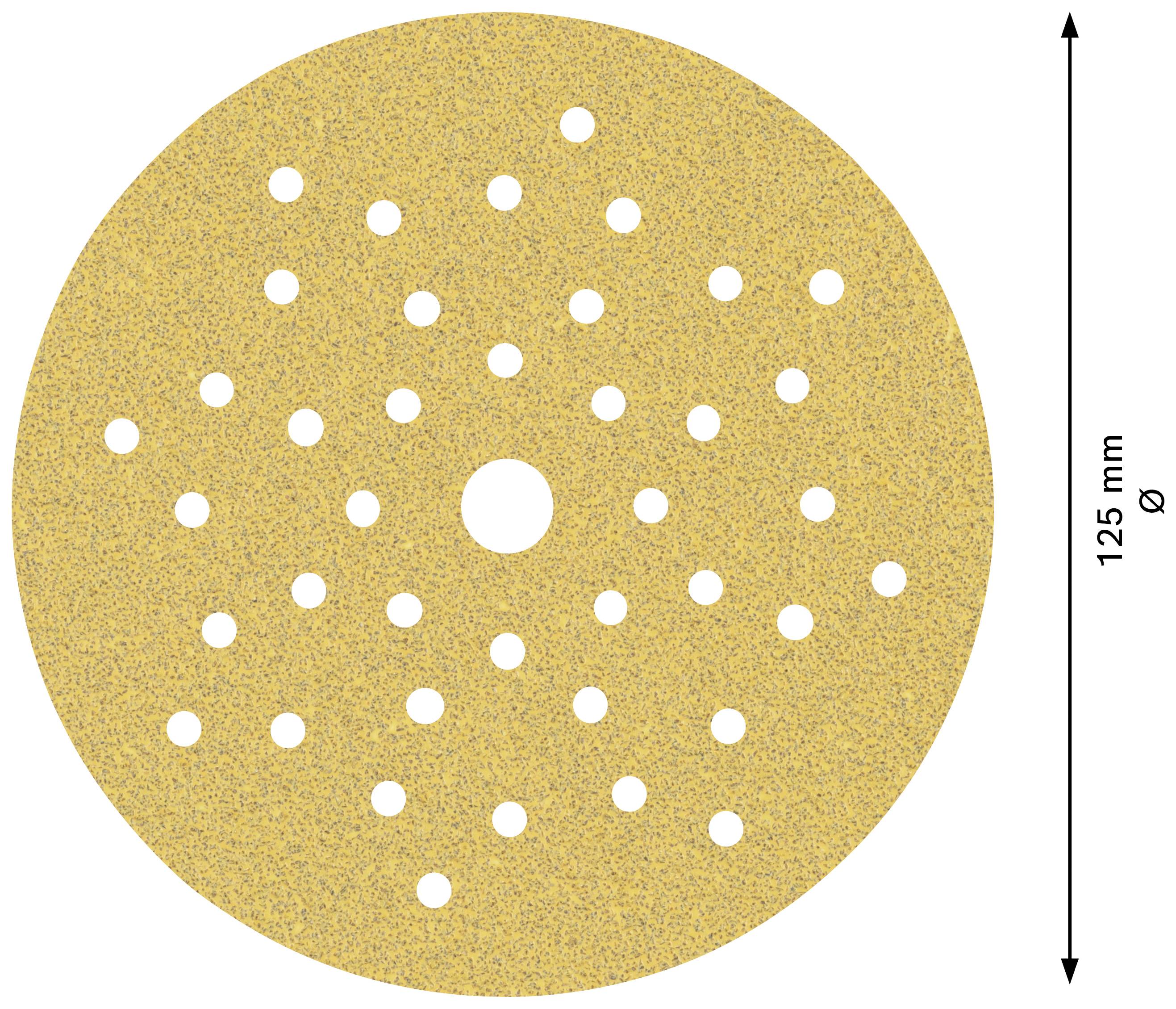 Okrągły papier ścierny z wieloma małymi otworkami, o średnicy 125 mm.