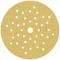 Okrągła tarcza szlifierska z wieloma otworami, zabarwiona na żółto, przeznaczona do zamontowania na szlifierce. Odpowiednia do prac stolarskich.