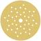 Żółta tarcza szlifierska z wieloma otworami do odpylania. Używana do szlifowania materiałów takich jak drewno lub metal.