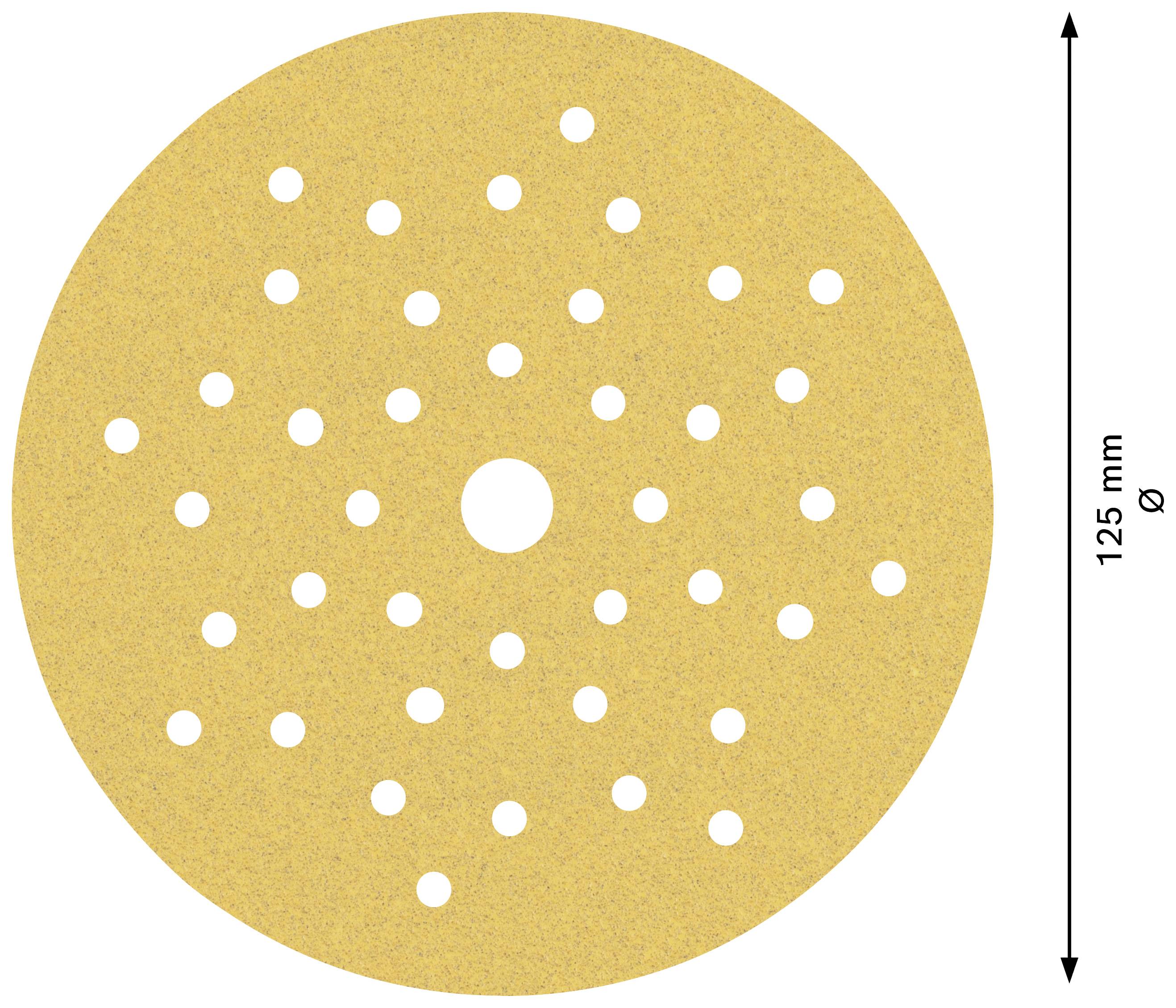 Okrągła tarcza szlifierska z wieloma otworami równomiernie rozmieszczonymi, o średnicy 125 mm, w kolorze żółtym.