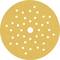 Okrągły żółty papier ścierny z wieloma małymi otworami, rozmieszczonymi symetrycznie, z większym otworem pośrodku.