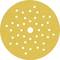 Złoty papier ścierny w kształcie koła z wieloma małymi otworami równomiernie rozmieszczonymi.