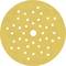 Żółta, okrągła tarcza szlifierska z wieloma małymi otworami i centralnym otworem, stosowana do szlifowania i polerowania.