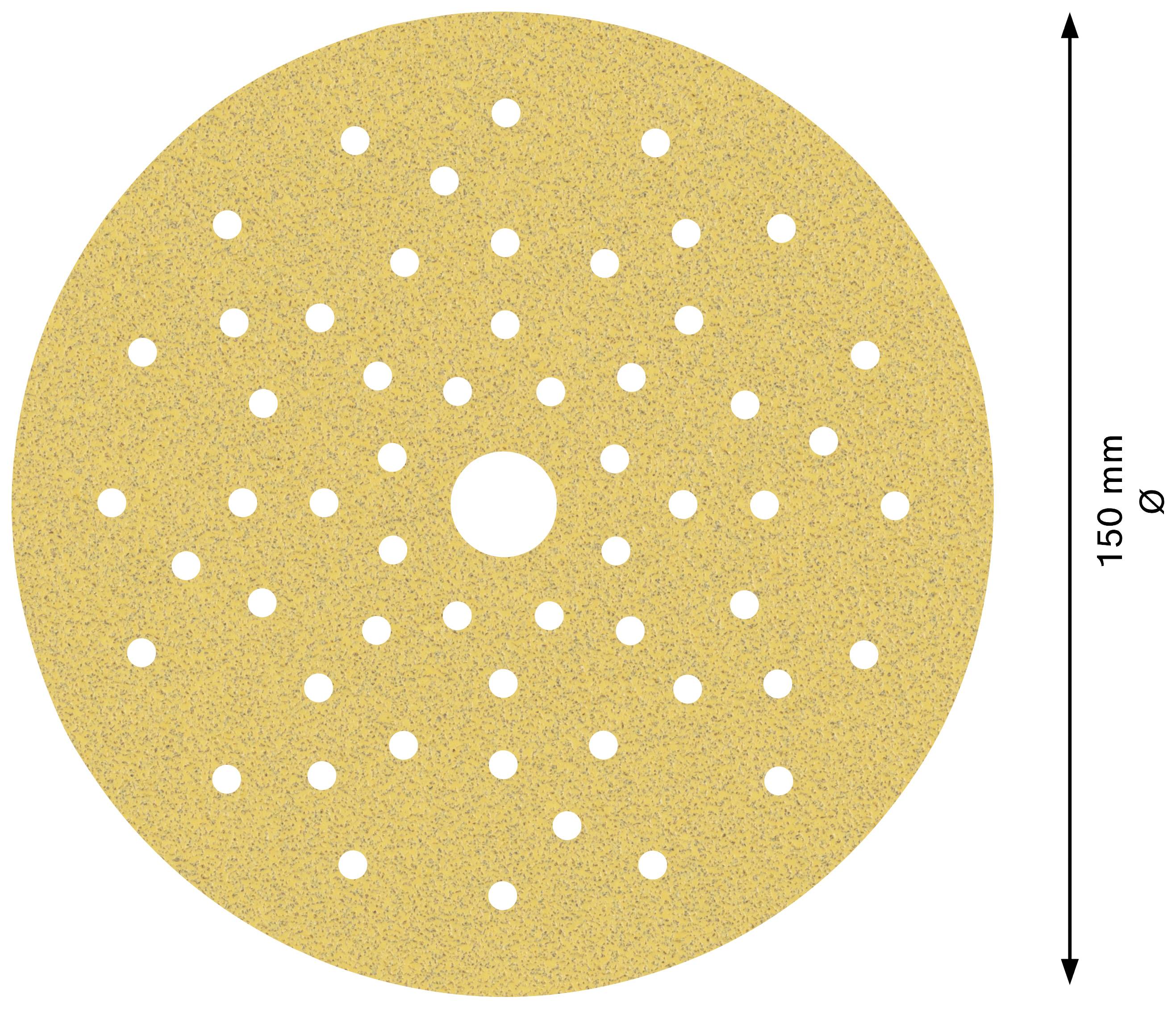 Okrągły papier ścierny z wieloma otworami i otworem pośrodku, o średnicy 150 mm.