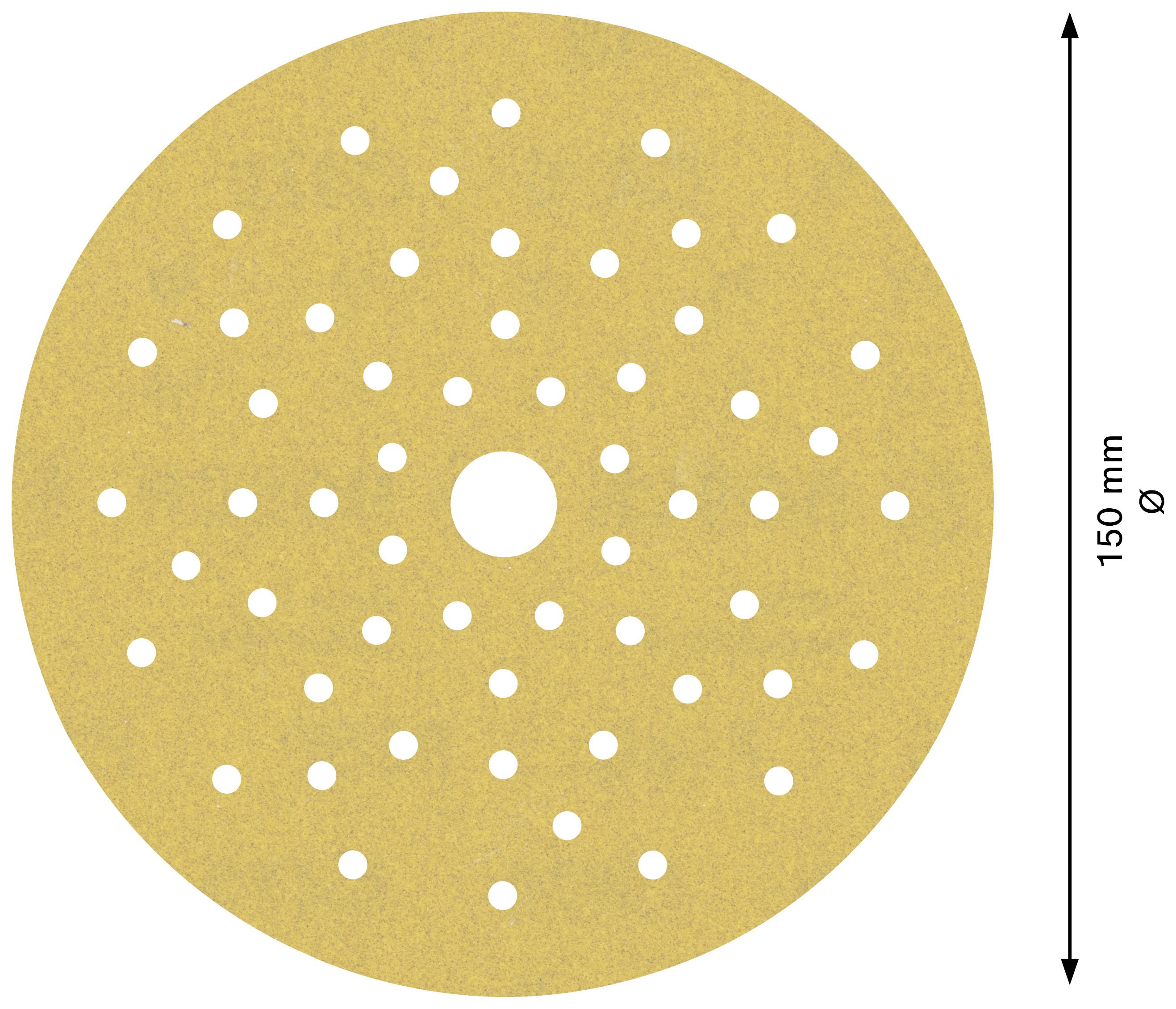 Krążek ścierny o średnicy 150 mm z licznymi otworami do odpylania.