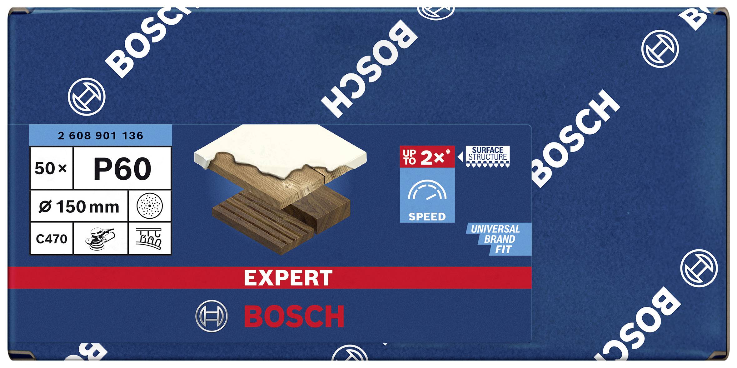 Opakowanie papieru ściernego Bosch, P60, 50 sztuk, odpowiednie do drewna i farby, średnica 150 mm, seria "Expert", wysoka prędkość.
