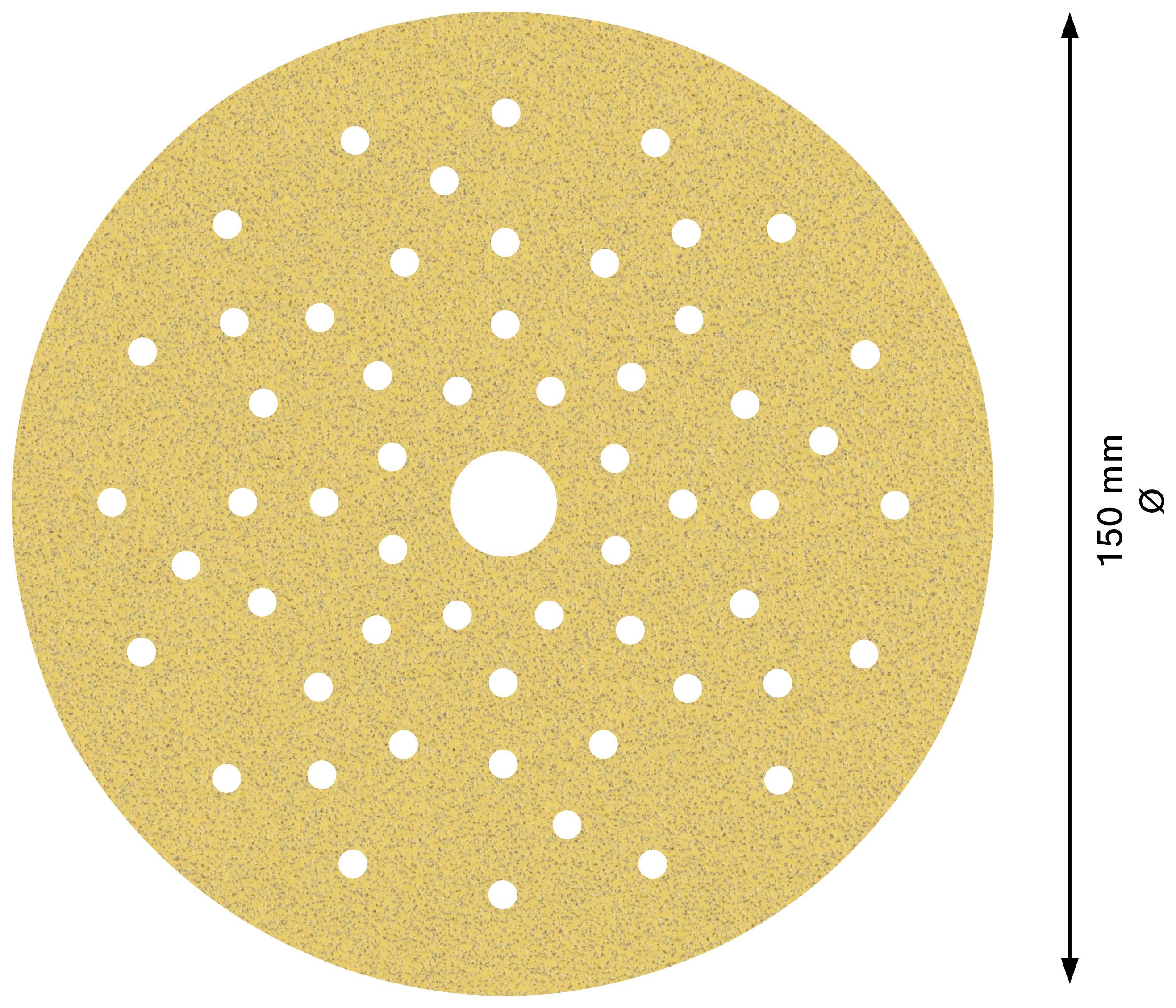 Okrągła tarcza szlifierska z licznymi otworami, o średnicy 150 mm. Odpowiednia do prac szlifierskich polegających na usuwaniu materiału.