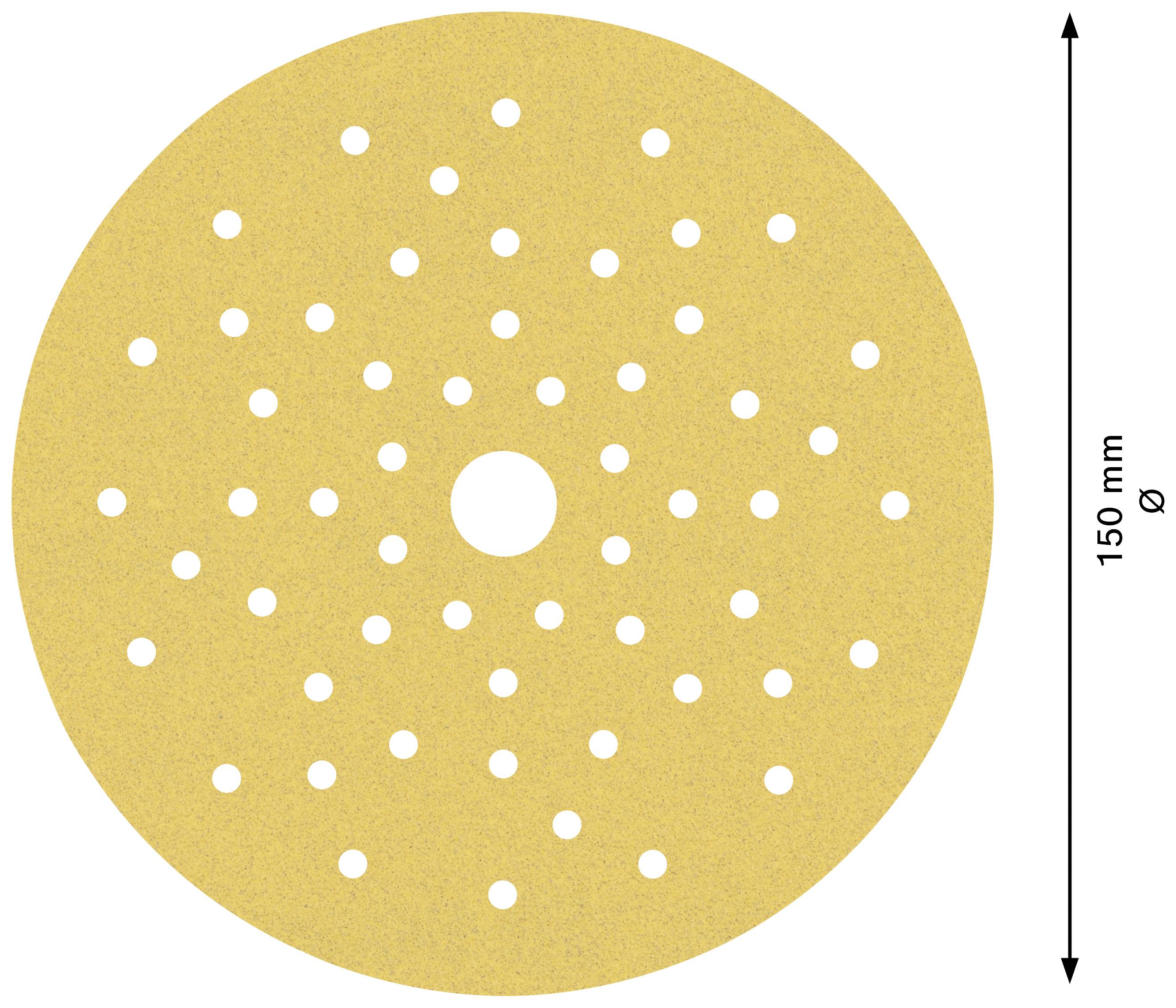 Okrągły papier ścierny z wieloma małymi otworami rozmieszczonymi w równych odstępach oraz otworem centralnym, o średnicy 150 mm.