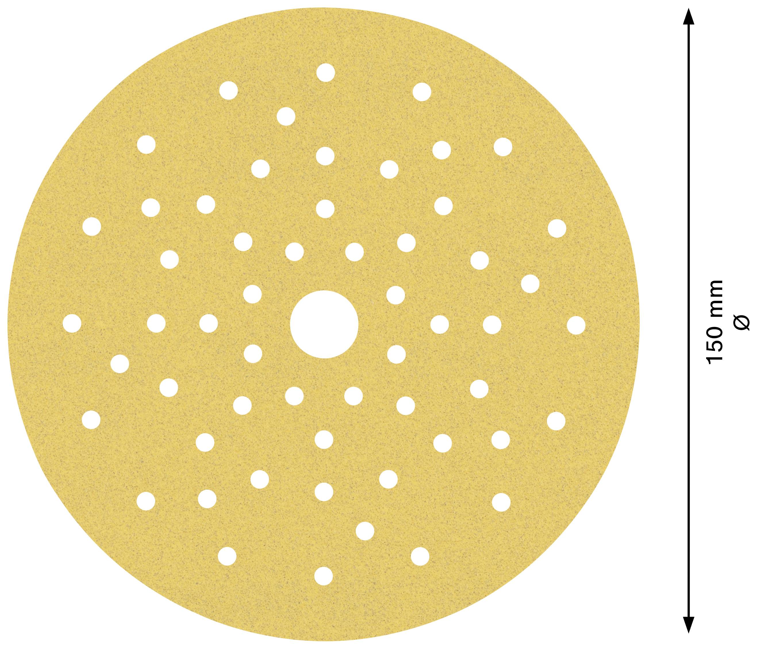 Okrągła tarcza szlifierska z wieloma małymi otworami, o średnicy 150 mm.