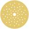 Tarcza szlifierska z otworem pośrodku, liczne równomiernie rozmieszczone otwory do odpylania, żółta ziarnistość do prac szlifierskich.