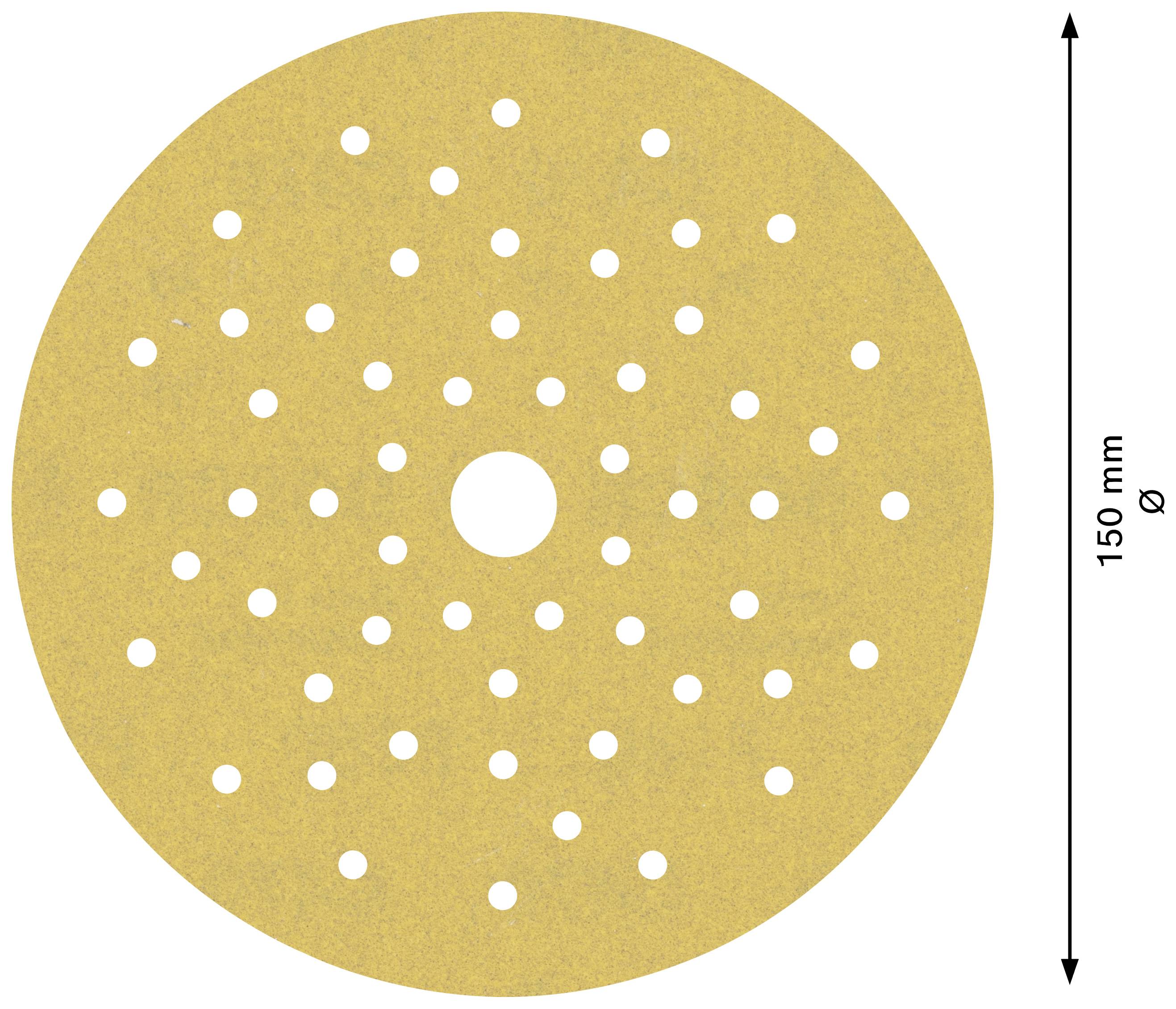 Okrągły papier ścierny z wieloma małymi otworami i jednym otworem pośrodku, o średnicy 150 mm.