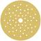 Tarcza szlifierska wykonana z materiału w kolorze piasku, z wieloma małymi otworami równomiernie rozmieszczonymi i jednym większym otworem pośrodku.