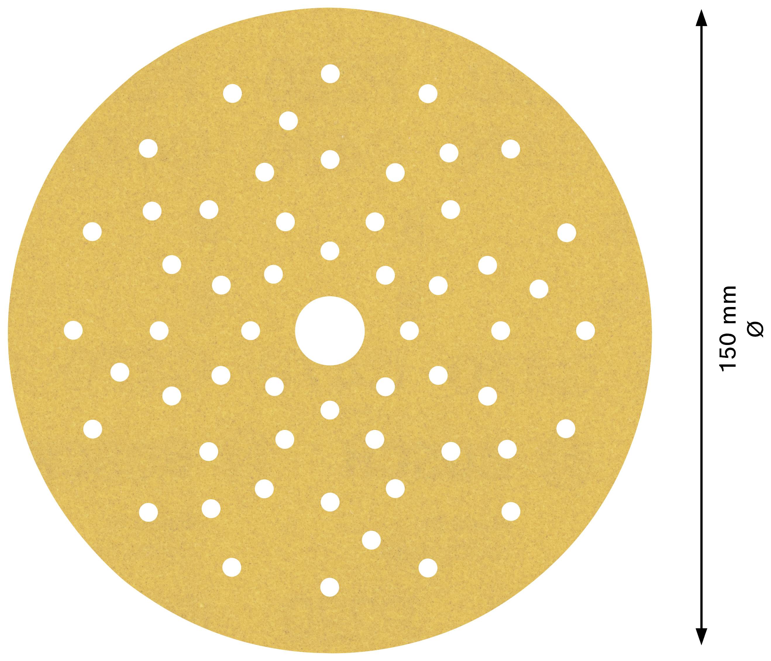 Okrągły papier ścierny o średnicy 150 mm, z równomiernie rozmieszczonymi otworami, strzałka wskazuje średnicę.