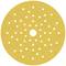 Okrągły papier ścierny z wieloma małymi otworami i jednym dużym otworem centralnym, w kolorze żółtym.
