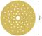 Tarcza szlifierska o średnicy 150 mm, żółta, z licznymi otworami do odsysania pyłu. Odpowiednia do szlifierek w obróbce drewna.