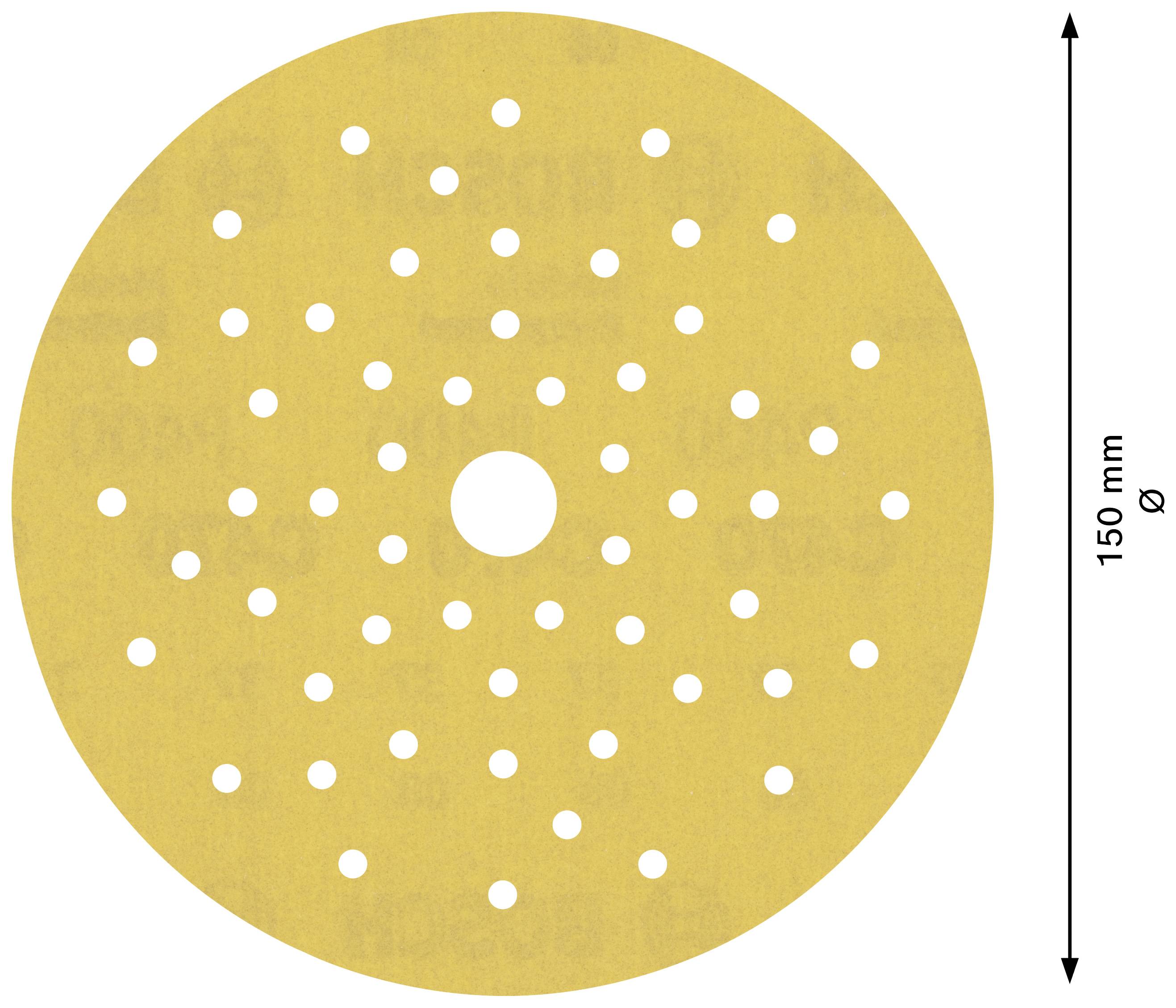 Okrągła tarcza szlifierska o średnicy 150 mm, z równomiernie rozmieszczonymi otworami do odsysania pyłu.