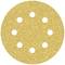 Żółty papier ścierny w kształcie koła z ośmioma symetrycznie rozmieszczonymi otworami do odpylania.