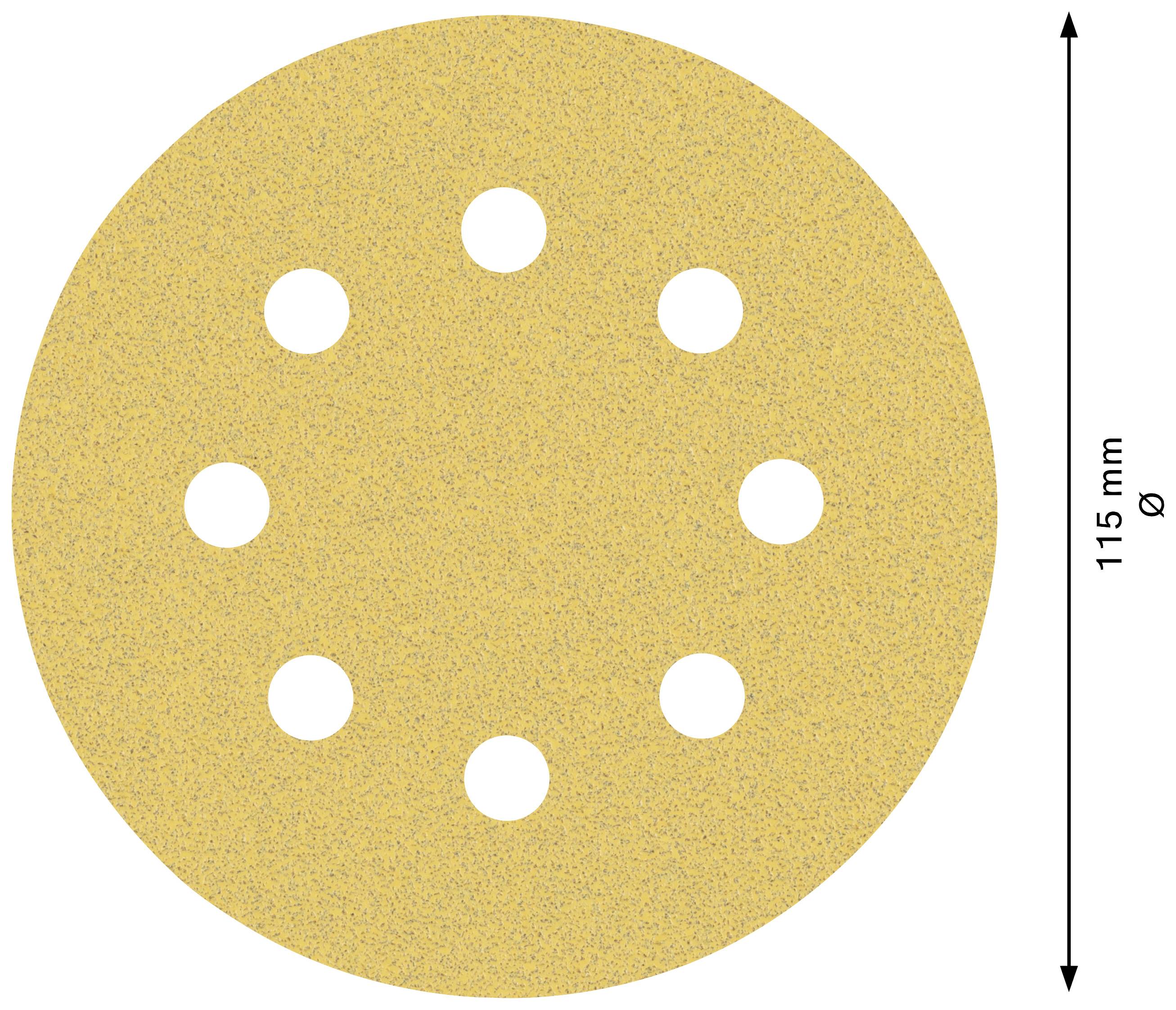 Tarcza szlifierska z ośmioma otworami, średnica 115 mm, ziarnistość żółta.