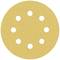 Okrągły, beżowy papier ścierny z ośmioma równomiernie rozmieszczonymi otworami, stosowany do wygładzania powierzchni lub prac stolarskich.