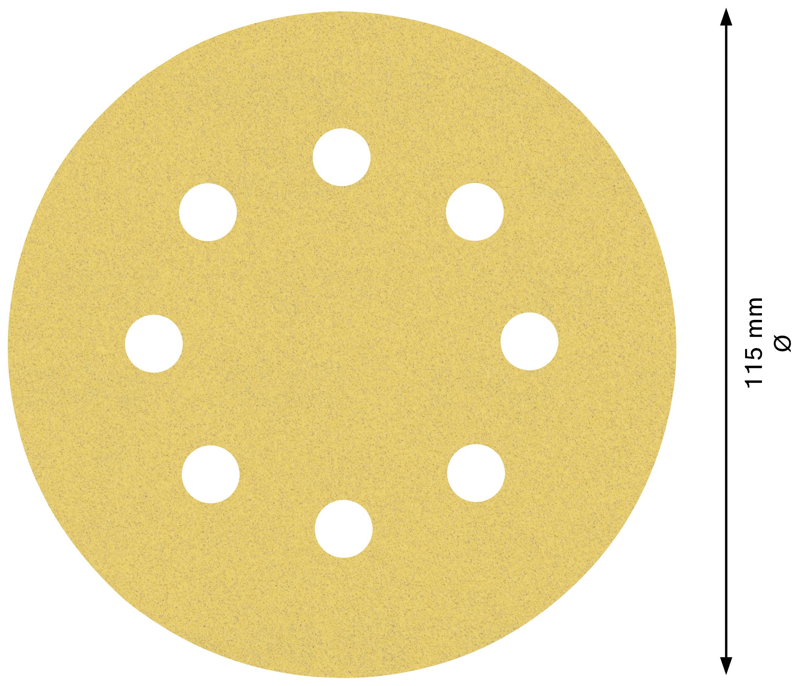 Papier ścierny o średnicy 115 mm, z ośmioma otworami rozmieszczonymi równomiernie.
