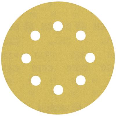 Okrągła tarcza szlifierska z żółtego papieru ściernego z dziewięcioma równomiernie rozmieszczonymi otworami.