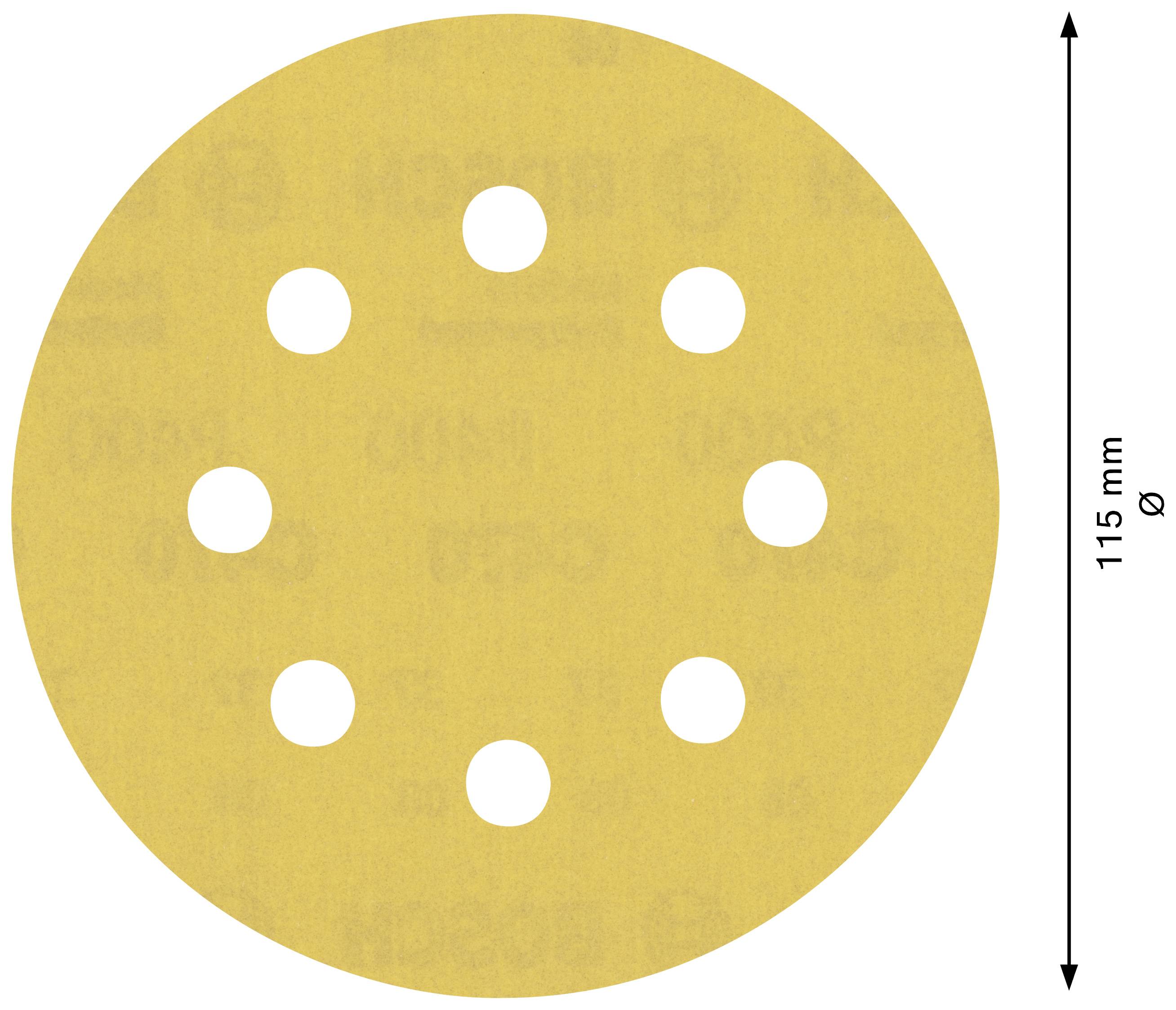 Okrągła, żółta tarcza szlifierska z dziewięcioma otworami, Ø 115 mm.