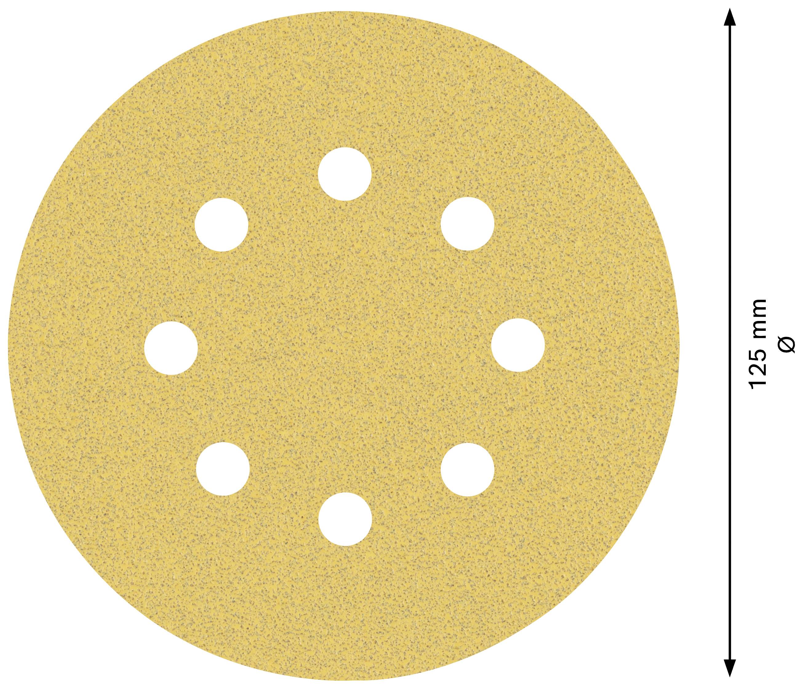 Okrągła tarcza szlifierska z papieru ściernego z ośmioma symetrycznie rozmieszczonymi otworami, o średnicy 125 mm, na białym tle.