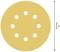 Okrągły arkusz papieru ściernego, żółty, z ośmioma otworami, o średnicy 125 mm.
