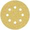 Okrągły papier ścierny z siedmioma symetrycznie rozmieszczonymi otworami; teksturowana, piaszczysta powierzchnia.