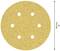 Krążek papieru ściernego o sześciu otworach, średnica: 150 mm. Posiada strukturyzowaną, ziarnistą powierzchnię w kolorze żółtym.