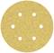Okrągła, żółta tarcza szlifierska z sześcioma otworami równomiernie rozmieszczonymi. Tarcza posiada ziarnistą powierzchnię przystosowaną do prac szlifierskich.