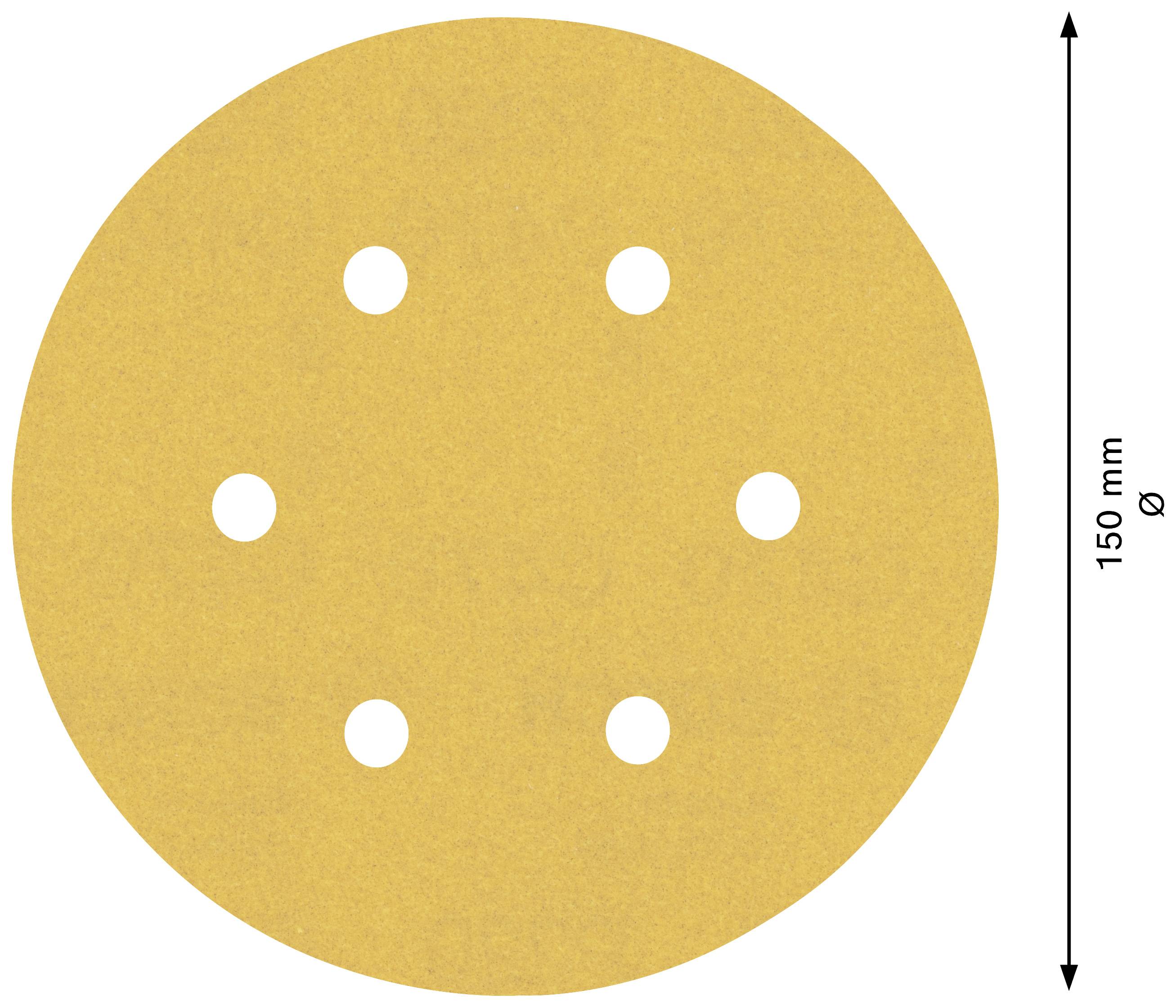 Tarcza szlifierska z 6 otworami, o średnicy 150 mm, w kolorze żółtym.