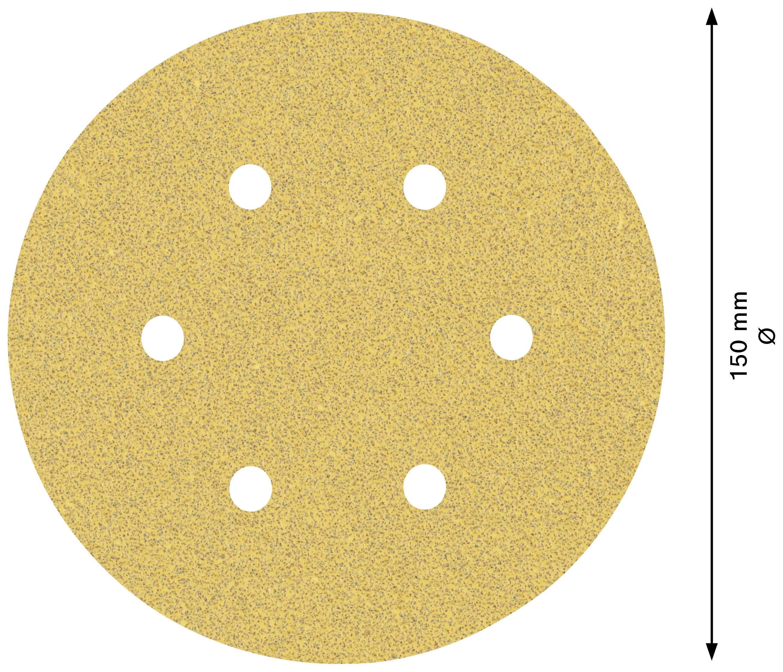 Okrągły papier ścierny z sześcioma otworami, średnica 150 mm.