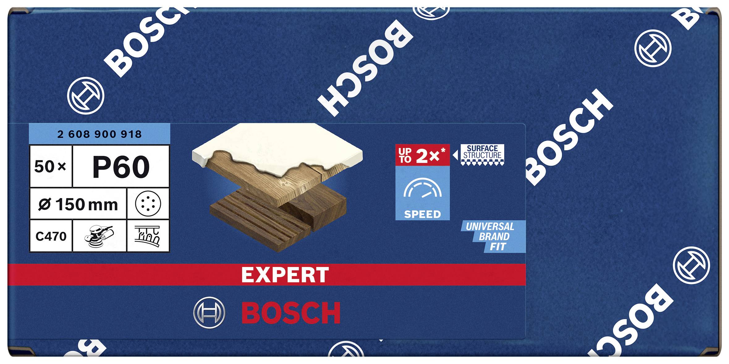 Papier ścierny Bosch Expert P60, 50 sztuk, Ø 150 mm, odpowiedni do drewna, deklarowana dwukrotnie dłuższa żywotność według opakowania.