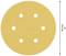Okrągła tarcza szlifierska o średnicy 150 mm z sześcioma otworami, zabarwiona na żółto-pomarańczowo. Odpowiednia do użycia w szlifierkach.