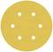 Okrągły, żółty arkusz papieru ściernego z sześcioma równomiernie rozmieszczonymi otworami.