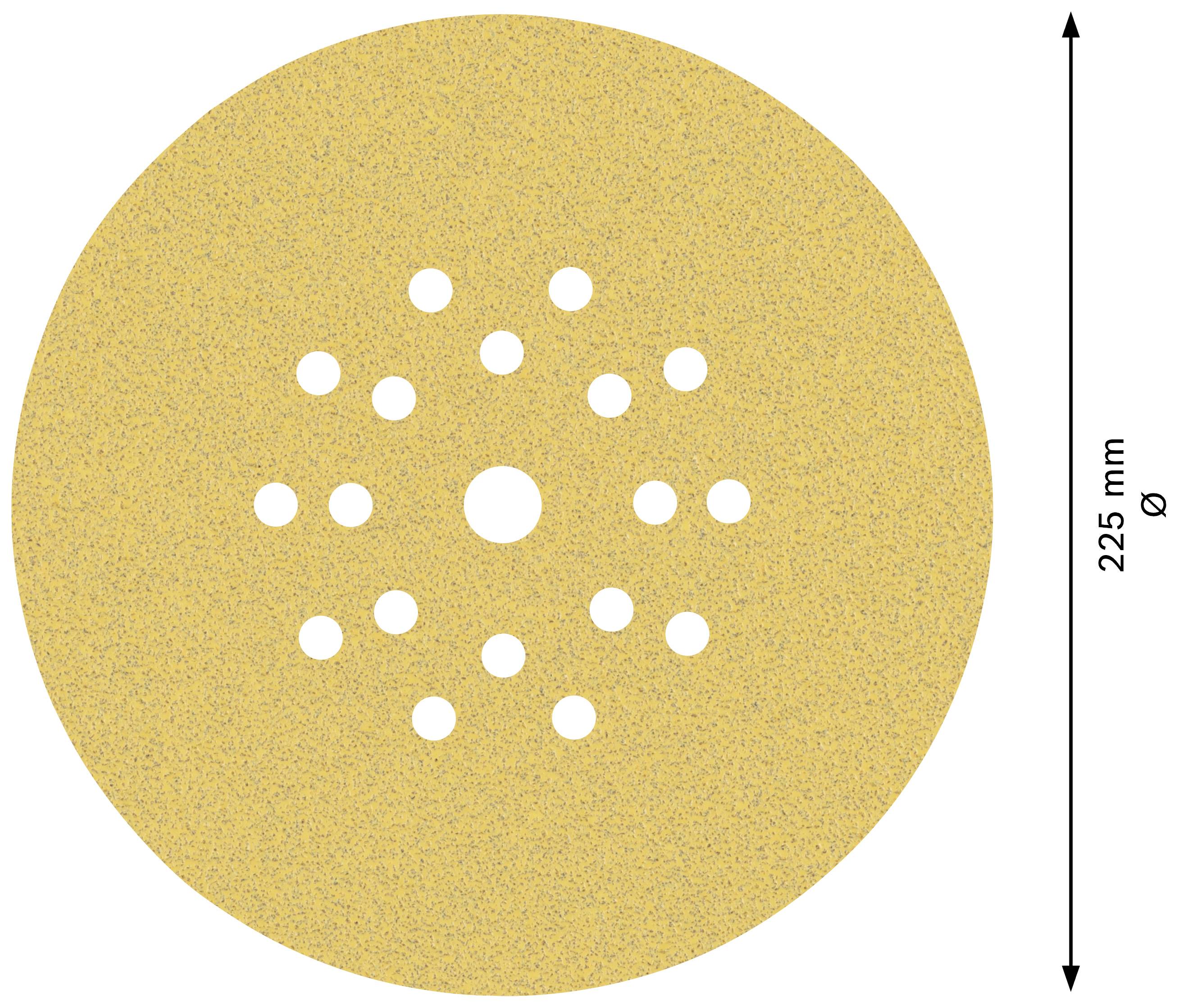 Tarcza szlifierska, 225 mm średnicy, z wieloma otworami do odpylania.