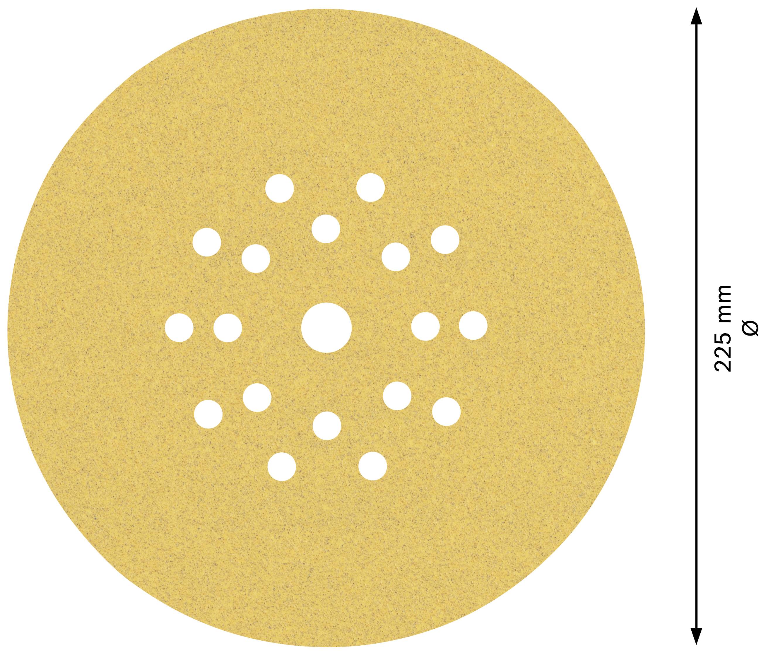 Okrągły papier ścierny, o średnicy 225 mm, z otworem centralnym i kilkoma otworami wokół niego do odprowadzania pyłu.