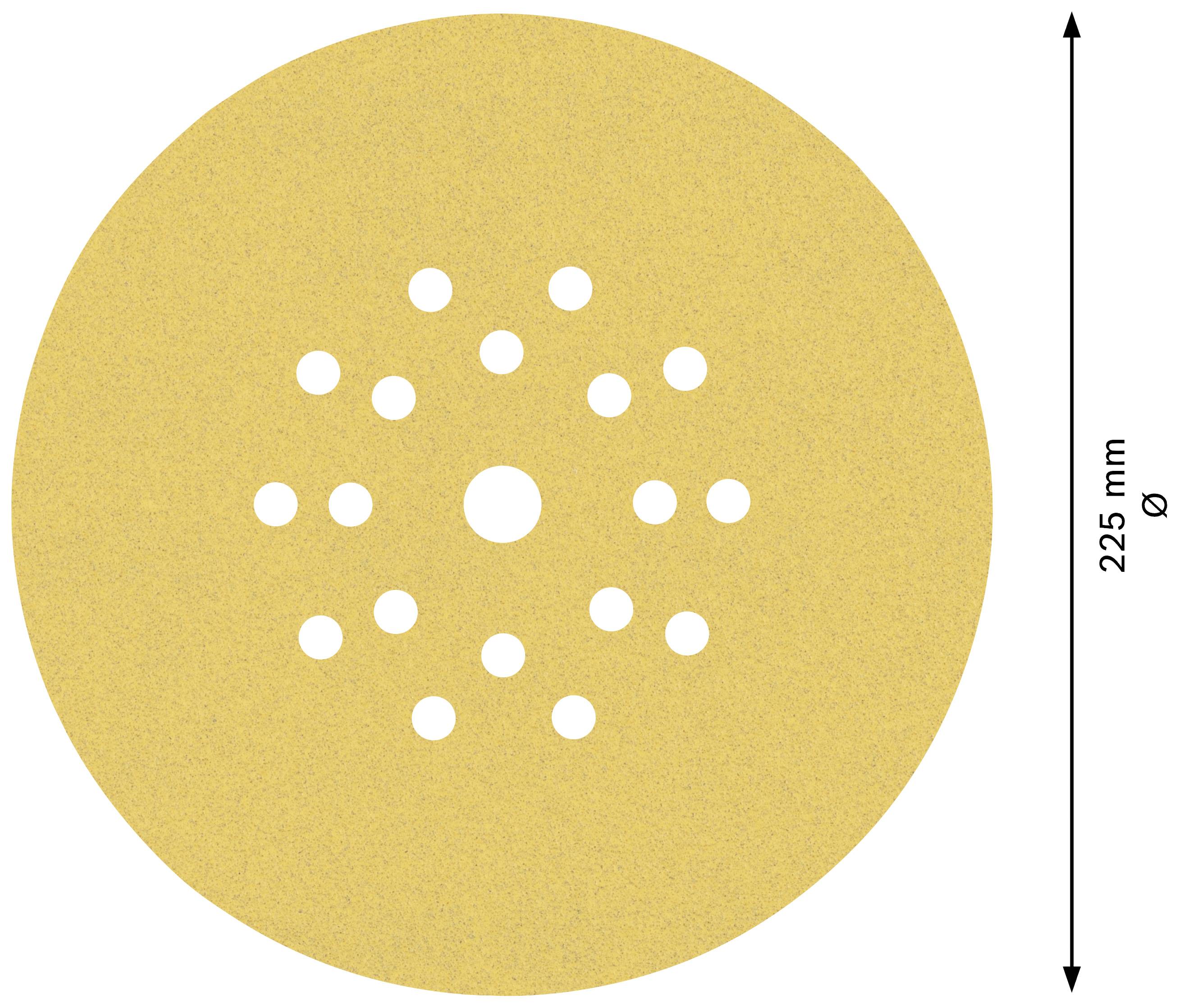 Okrągły arkusz papieru ściernego w kolorze piasku z 18 otworami o różnych rozmiarach; średnica 225 mm.