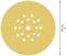 Okrągły arkusz papieru ściernego w kolorze piasku z 18 otworami o różnych rozmiarach; średnica 225 mm.