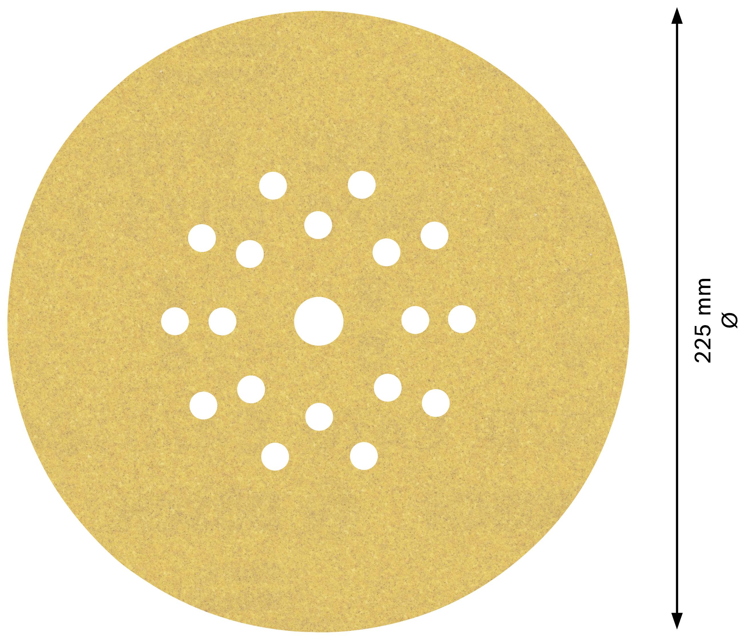 Tarcza szlifierska z wieloma małymi otworami i jednym centralnym dużym otworem, średnica: 225 mm.