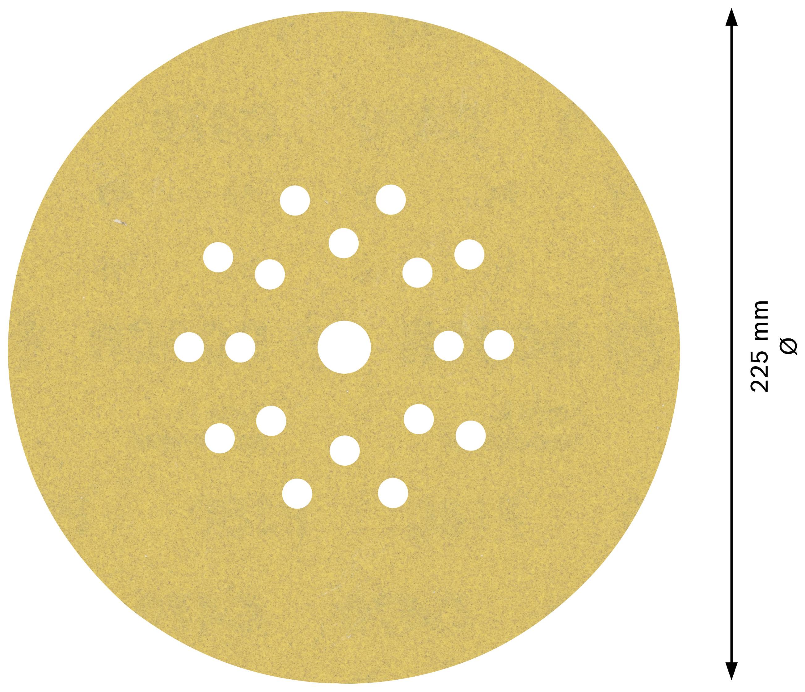 Okrągła tarcza szlifierska z papieru ściernego z otworami, o średnicy 225 mm.